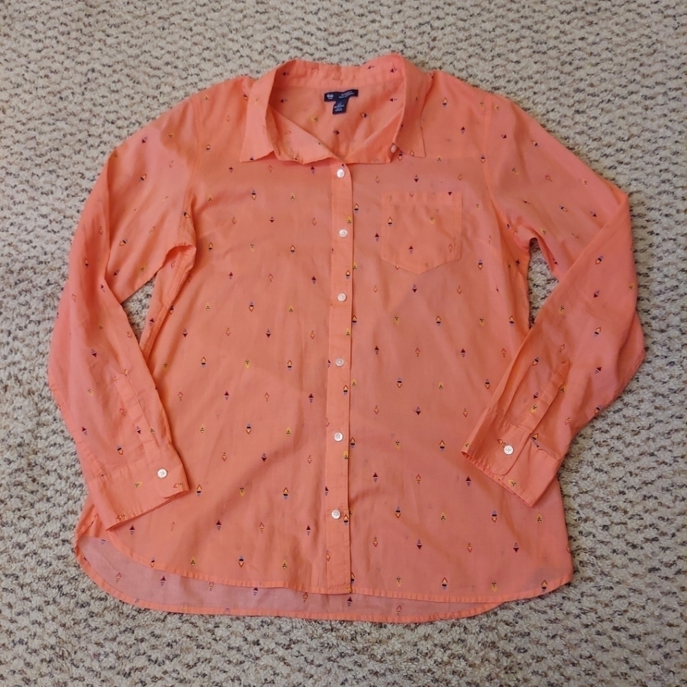 Gap Boyfriend Fit Button Up Shirt Large Coral Orange 100% Cotton Geometric Print